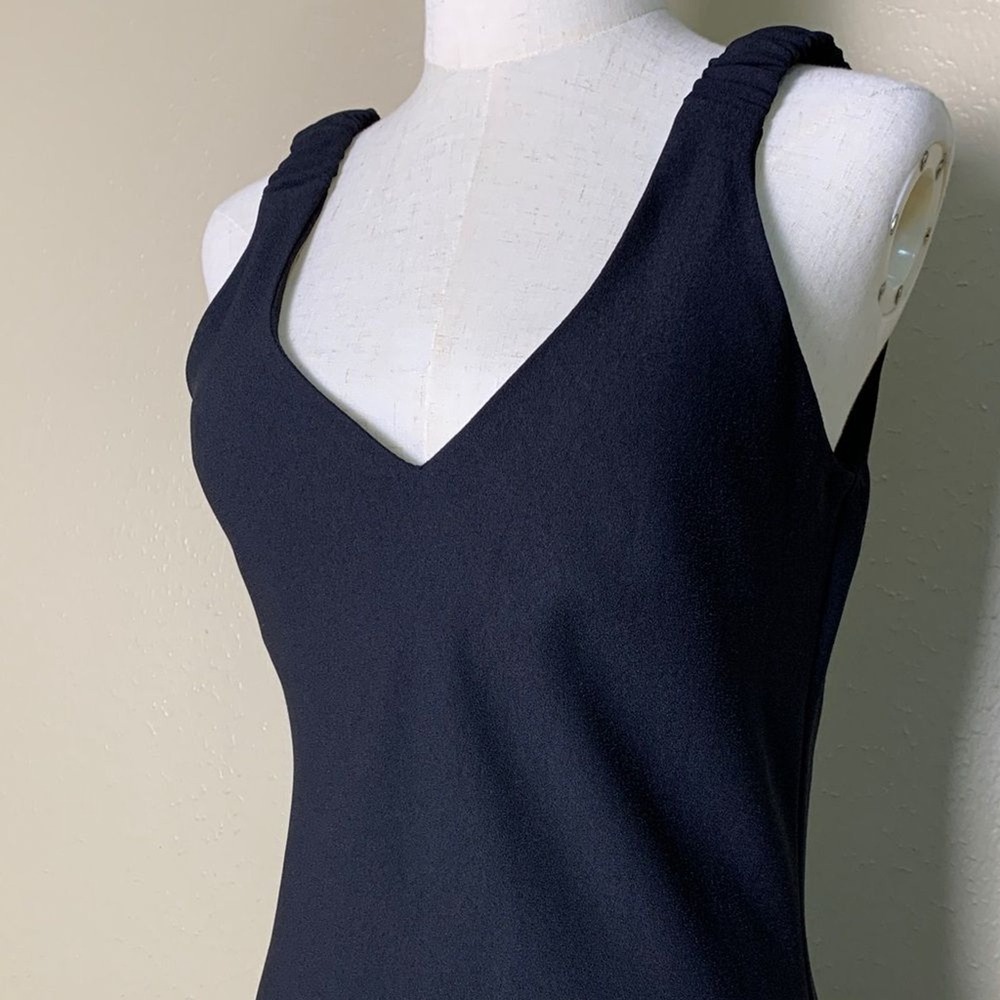 Zara‎ Midi Dress Women Size M Black Ruched Shoulder V-Neck Sleeveless Crepe - Picture 3 of 11